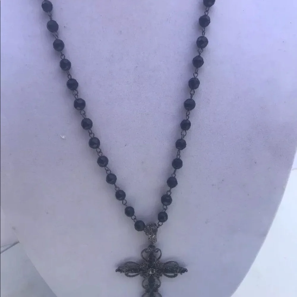 Cross necklace black beads Long rosary‎ style